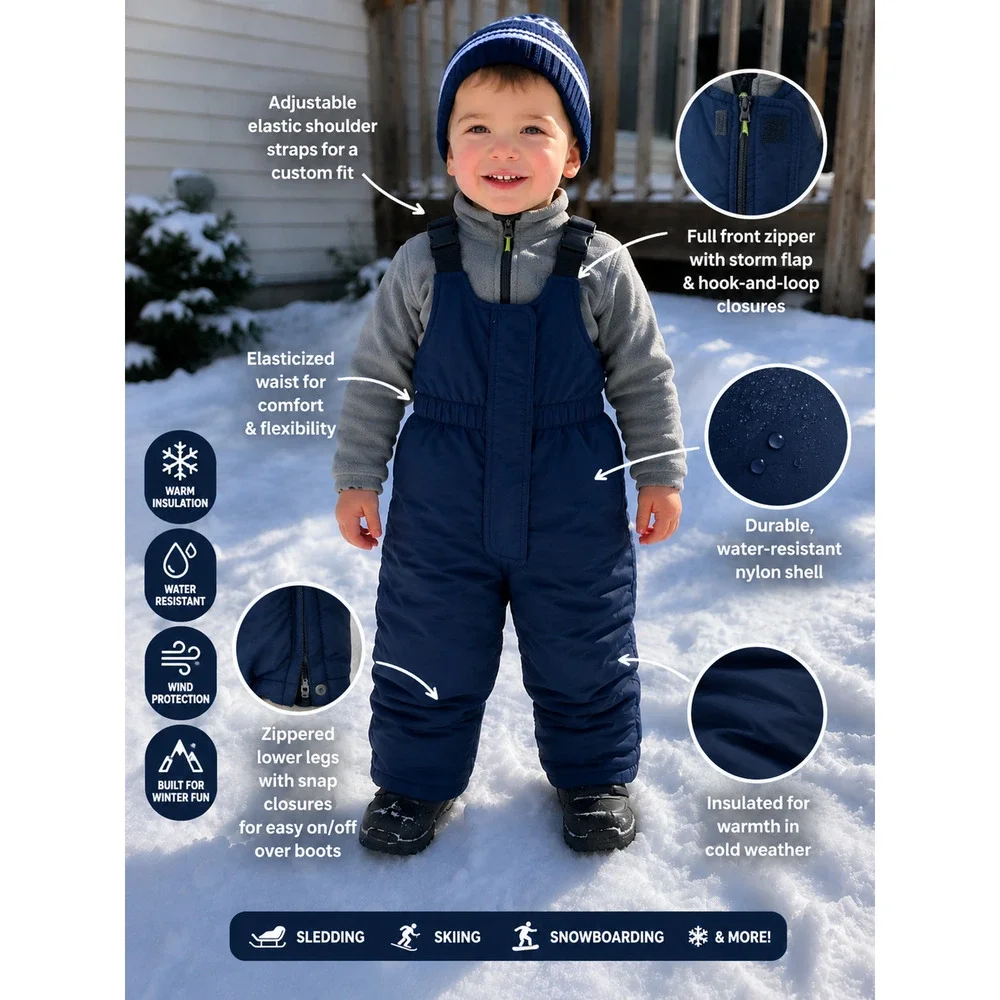 L.L.Bean Cold Buster Snow Bibs Toddler 3T Navy Insulated Fleece Lined Winter